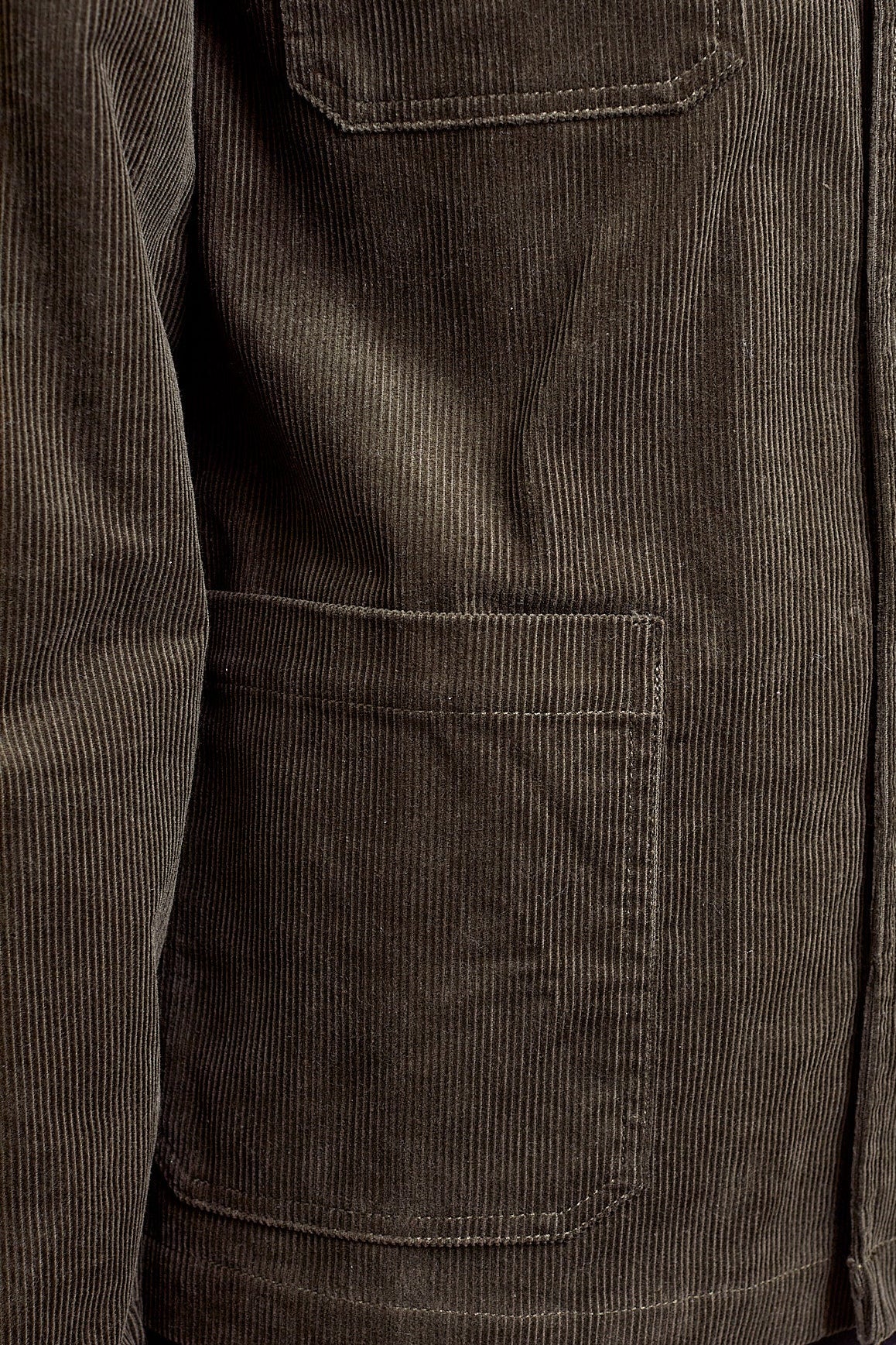 Close-up of a brown corduroy jacket with button details