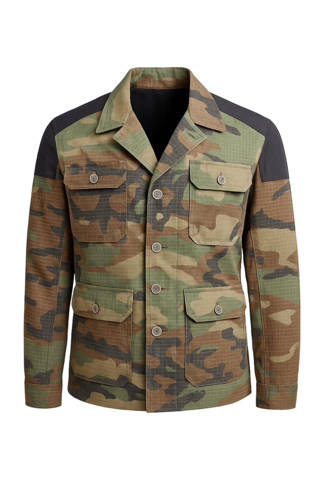 Camouflage jacket with black accents on a white background