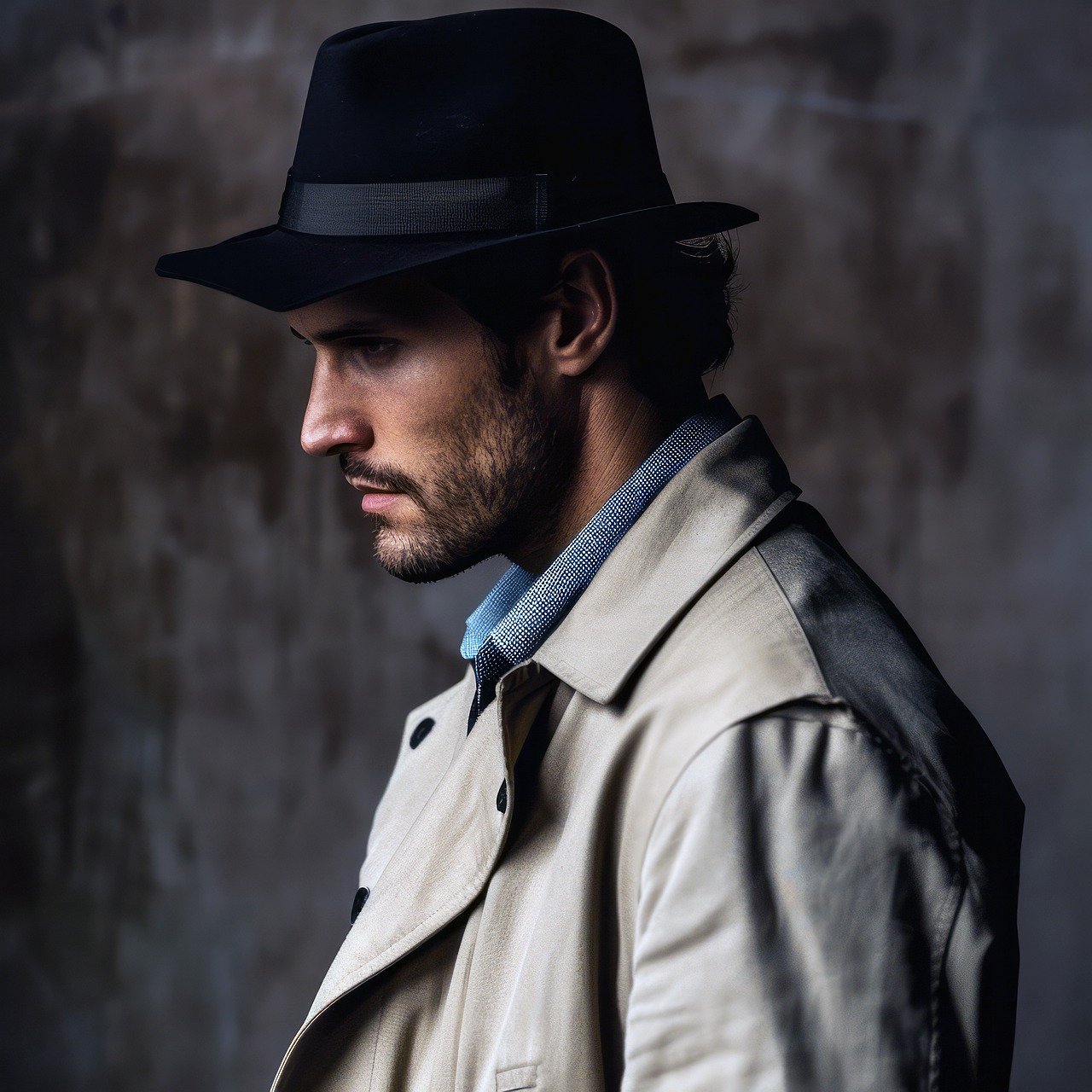 A bearded man wearing a trench coat and black hat stands in a gray room.