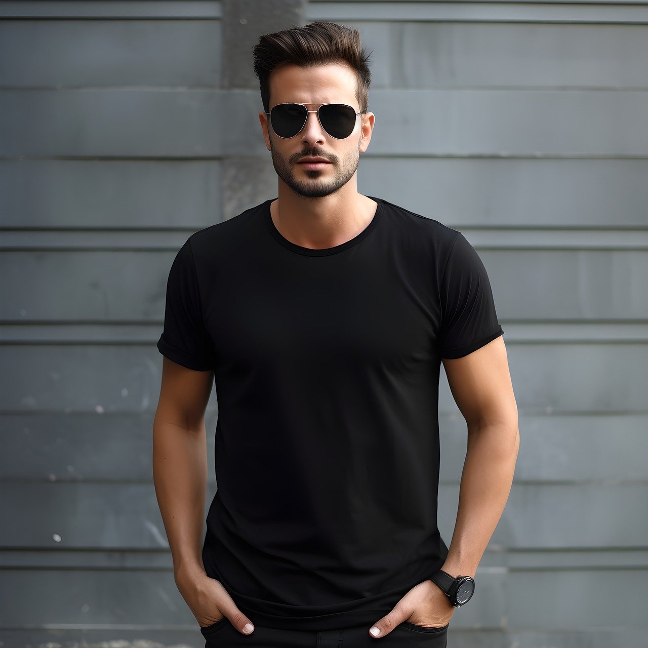 A man wearing a black T-shirt and sunglasses stands in front of a building.