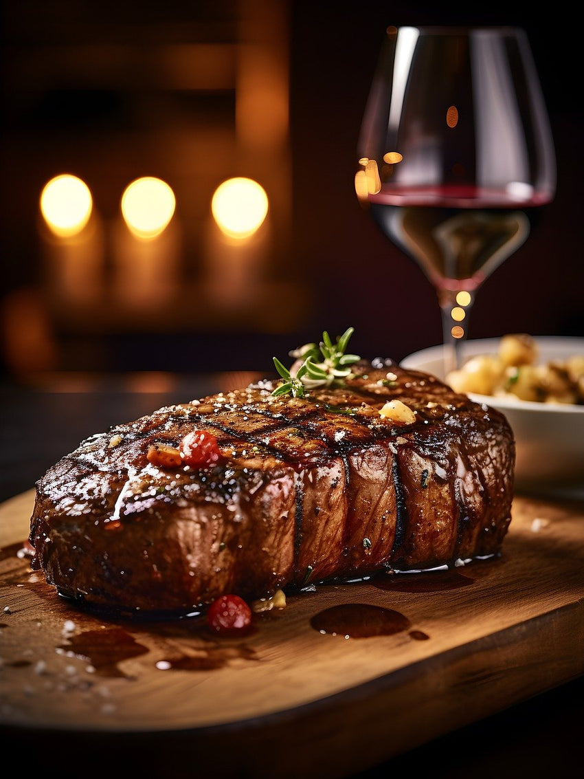 A prime rib steak with a glass of wine on a table.