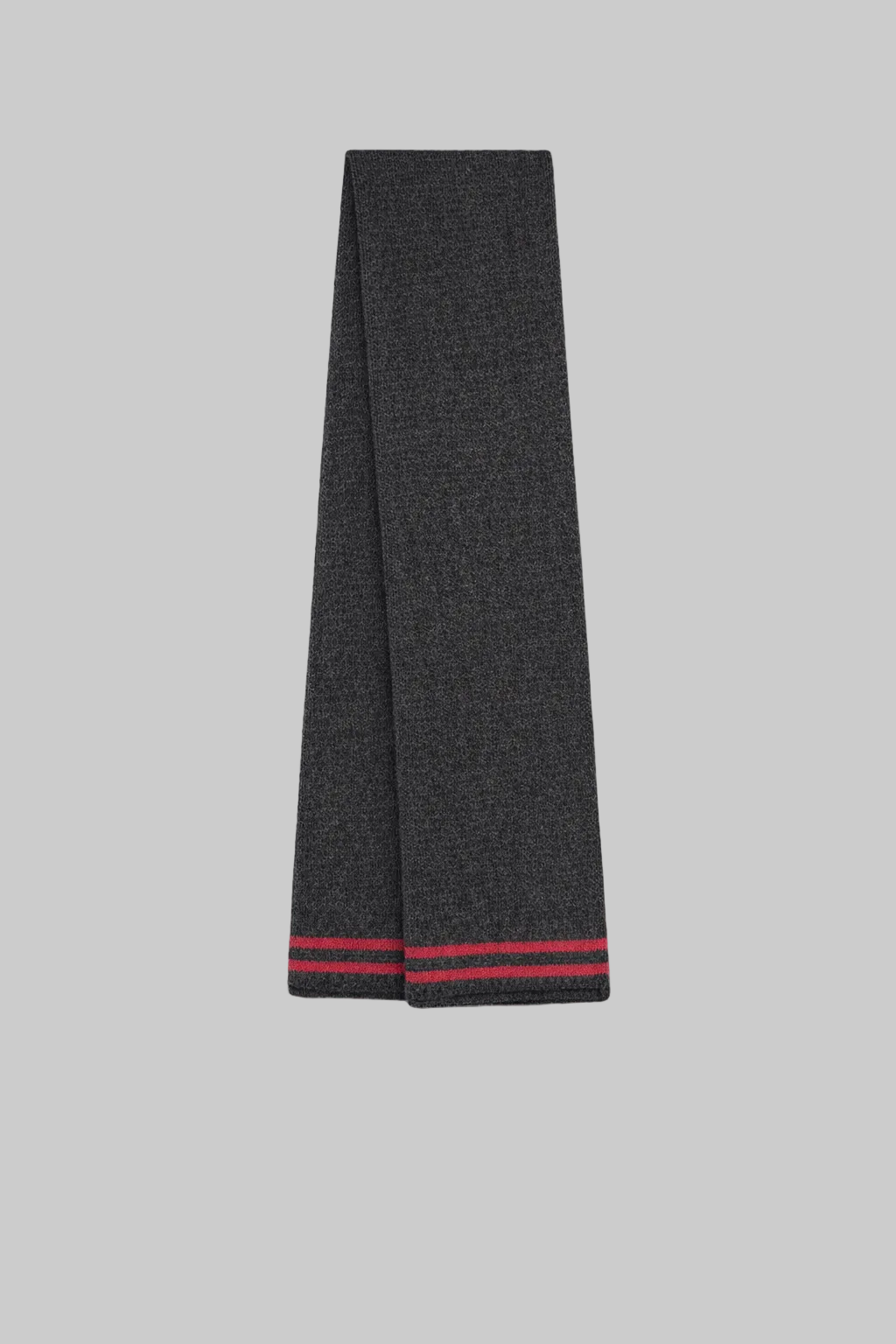 Gray scarf with red trim on a light gray background