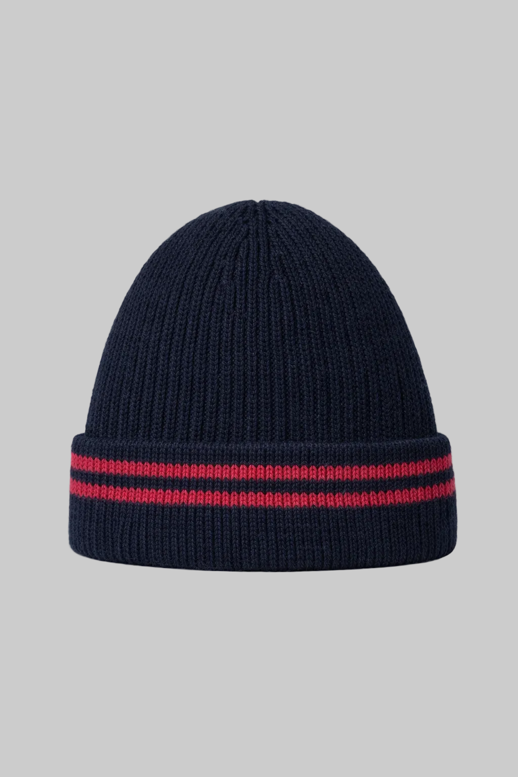 Navy beanie with red and white stripes on a light gray background