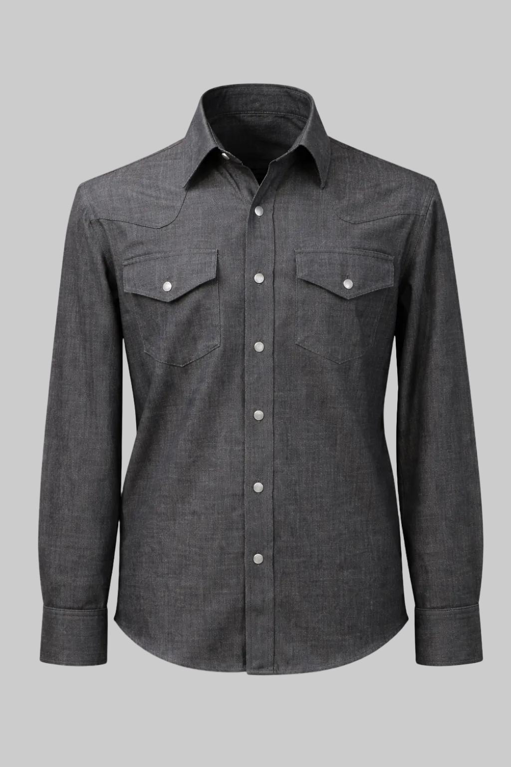 Dark gray button-up shirt with two front pockets on a white background