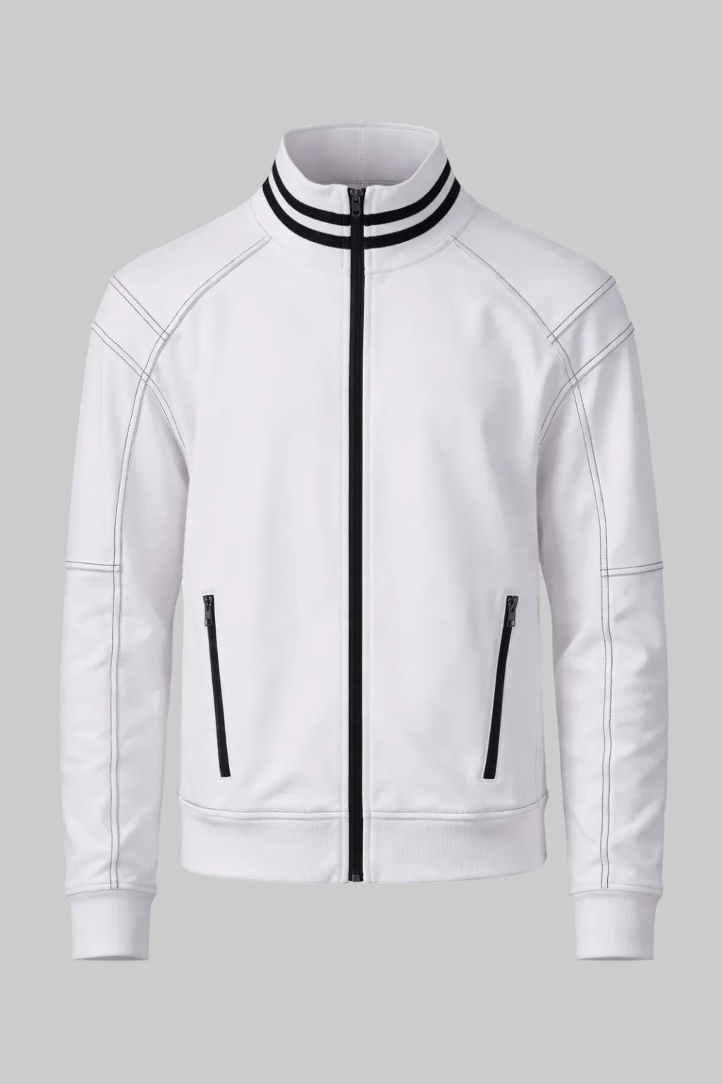 White jacket with black accents on a white background