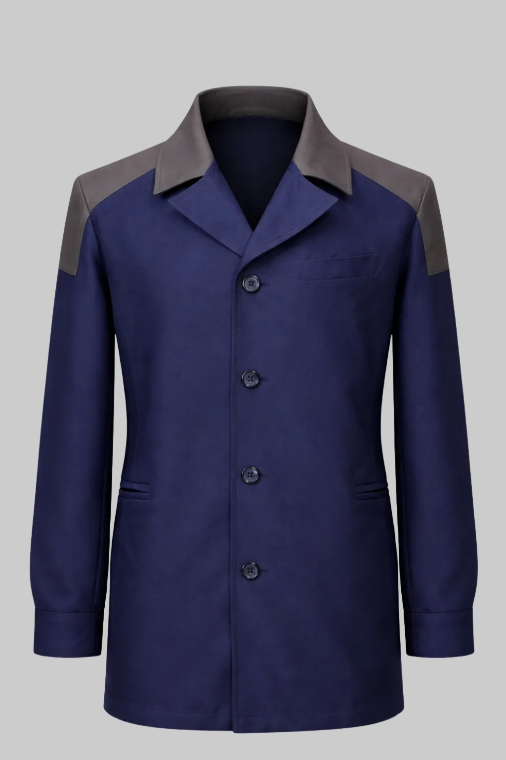 Navy blue coat with gray accents on a white background