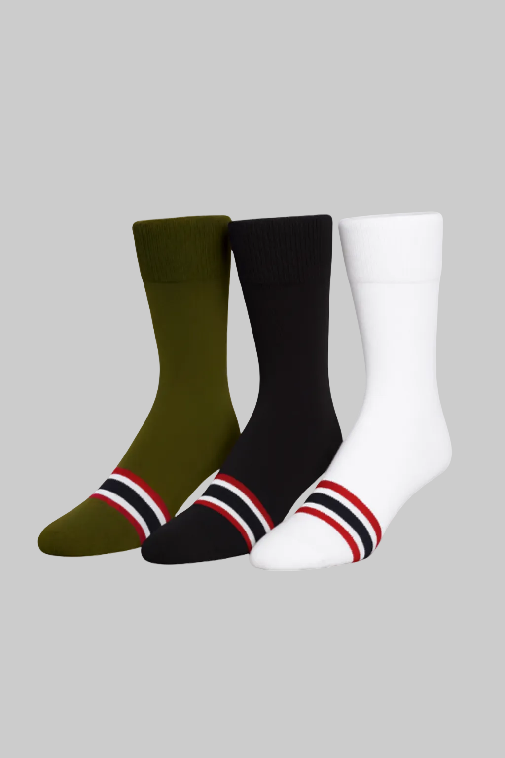 Three crew socks in olive green, black, and white, each featuring a double stripe near the toe in red, white, and black, displayed against a plain white background.