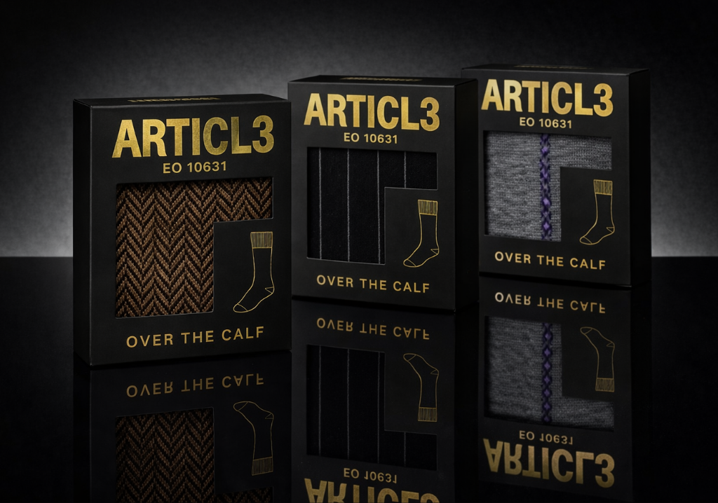 Three boxes of Article3 socks on a black background
